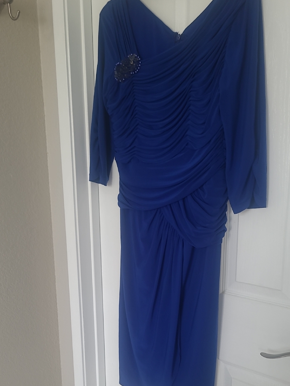 Adrianna Papell Royal Blue Ruched , 3/4 Sleeve Dress with Shoulder Brooch